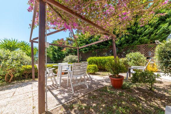 Giardino soleggiato con panchine, piante e fiori assortiti sotto un pergolato.